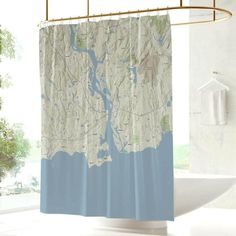 a shower curtain with a map on it