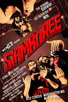 the poster for samboree is shown in red and black