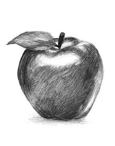 an apple with a leaf on it is shown in black and white, as well as a pencil drawing