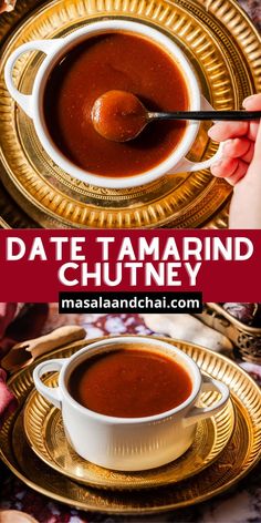 a bowl of date tamarind chutney on a gold plate with a spoon in it