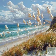 a painting of sea oats blowing in the wind on a beach with blue sky and white clouds