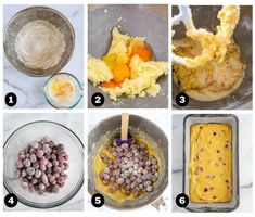 the steps to making an orange cake with blueberries and other ingredients for it in a bowl