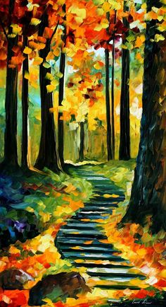 an oil painting of a path in the woods surrounded by trees with colorful leaves on it