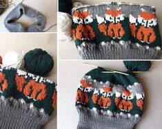 four pictures showing the process of making a knitted bag