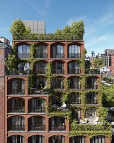 an apartment building with ivy growing all over it