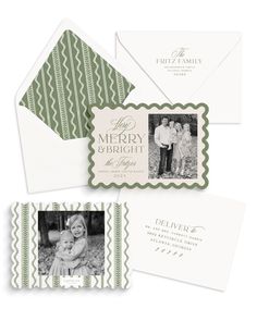 the merry and bright holiday card is shown in green, with an ornate border around it