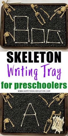 skeleton writing tray for preschoolers with text overlay