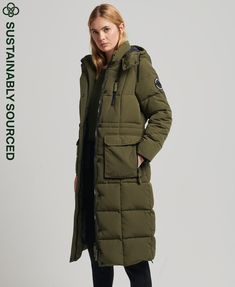 Womens - Longline Everest Coat in Surplus Goods Olive | Superdry Faux Fur Parka, Plain Canvas, Fur Parka, Bungee Cord, Logo Badge, Padded Coat, Recycled Bottles, Green Coat, Winter Jackets Women