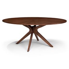 a round wooden table with two crossed legs and a circular wood dining room table top