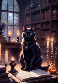 a black cat sitting on top of an open book next to candles and bookshelves