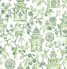 a green and white wallpaper with flowers, plants and lanterns on it's sides