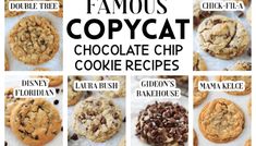 the famous copycat chocolate chip cookie recipe is shown in this collage with images