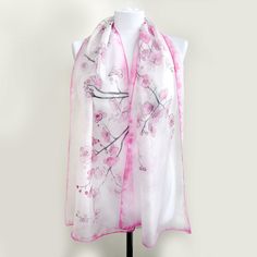 White silk scarf with hand painted pattern of cherry blossom flowers in pastel pink. This soft and lightweight scarves is made to order in 3 days! Size: 61 by 17 inches (155 by 43 centimeters) Silk: pure Habotai Light, very delicate, translucent and a bit glossy. This white scarves is so soft it can easily be tied as a head scarf with sakura design. I've painted this scarf to make it look like a veil, with just a few powder pink cherry blossoms and accent from black branches, adding dynamic to t Sakura Design, White Silk Scarf, Hand Painted Pattern, White Scarves, Cherry Blossom Flowers, Pink Cherry, Lightweight Scarf, Powder Pink, Blossom Flower