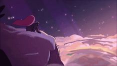 an animated scene with a man sitting on top of a mountain looking at the sky