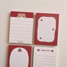 three red and white notepads with teddy bear on them, one has check lists