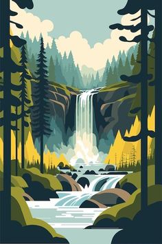 a painting of a waterfall surrounded by trees