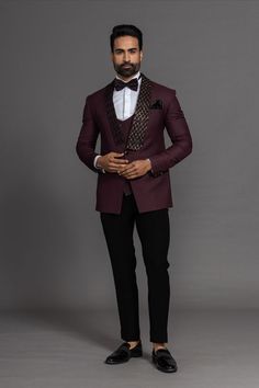 You'll look just as pristine in the novelty of a maroon jacket with a white shirt paired with black pants. Do not forget to make a statement with a black pocket square. Adding an understated elegance to our ensemble, the maroon jacket elevates the whole attire. 

All types of customization can be done in any colour that suits you. WhatsApp on +91 98204 74707 for customization inquiries. Wine Suit Men Wedding, Wine Tuxedo For Men, Wine Blazer Outfit Men, Designer Tuxedo Men Grooms, Wine Tuxedo, Italian Tuxedo, English Wears, Tuxedo Suit For Men, Nice Suits