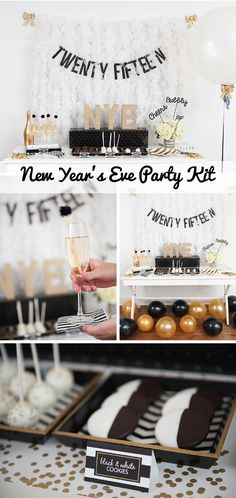 a black and gold new year's eve party with lots of desserts, drinks and decorations