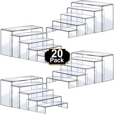 four clear acrylic boxes are shown with the text 20 pack in black and white