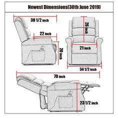 the reclining chair is shown with measurements