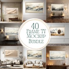 the frame tv mockup bundle is shown in multiple photos, including two couches and one