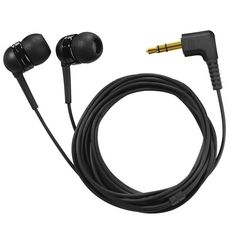 the ear buds are plugged in and out of each other, with one cord attached to