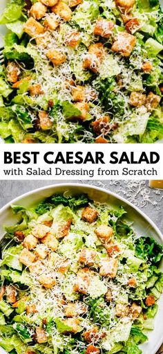 two pictures of salads with dressing and parmesan cheese on top, one is in