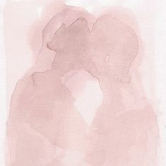 two people kissing each other in front of a pink watercolor background with the word love written on it