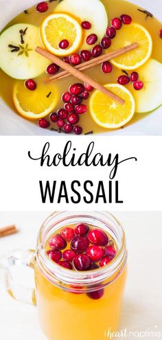 holiday wassail with apples, cranberries and oranges in a jar