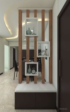 a room with white walls and wooden shelves