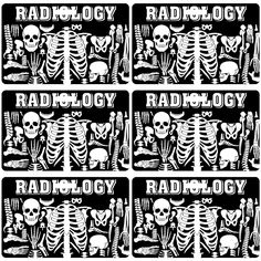 four black and white skeleton cards with the words radiology written in different fonts