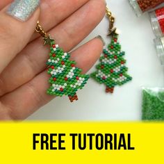 a hand holding a pair of beaded christmas tree earrings with text overlay that reads, free pattern