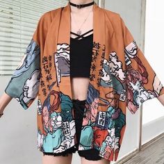 Yukata Women, Kimono Blouse, Kawaii Shirts, Beach Kimono, Japanese Streetwear, Womens Kimono, Japanese Outfits, Vintage Kimono, Kimono Cardigan