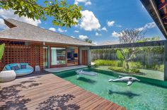 an outdoor swimming pool surrounded by wooden decking and green grass, with two dolphins floating in the water