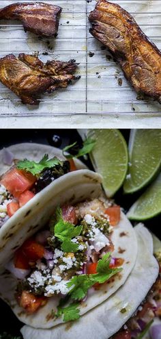 there are two pictures of food on the grill and one is grilled with meat