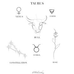 the zodiac signs and their meanings are shown in black and white, as well as an image of a bull's head