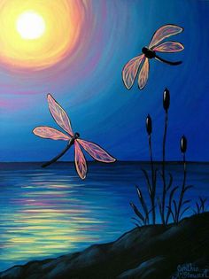 two dragonflies are flying over the water at night with the sun in the background