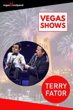 the vegas show with two men talking to each other and fireworks in the sky behind them