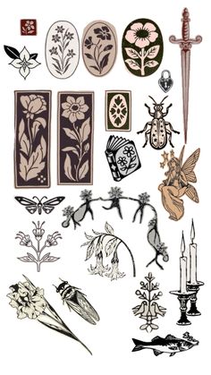 an assortment of different types of flowers and bugs on white paper with black inks