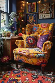 a colorful chair in front of a window with string lights on the wall behind it