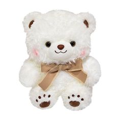 a white teddy bear with a brown ribbon around its neck and paws on it's chest