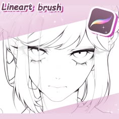 a drawing of a girl with long hair and an app icon on her forehead that reads lineart brush