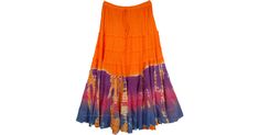 A plus size fresh style ankle length skirt with tiers for a hippie look in a tangy orange color that catches everyone's attention on the street. Rock the gypsy look with this ultra cool skirt. On the lower half of this skirt, beautiful tie-dye work is done in chic prismatic colors of purple, pink and blue that mix and match with each other perfectly and the bottom half of the skirt is very full of fabric for a graceful fall. A blend of three colors with a contrasting orange makes this skirt even Bohemian Orange Maxi Skirt For The Beach, Orange Tiered Maxi Skirt For Vacation, Orange Maxi Skirt For Spring Beach Occasion, Orange Maxi Skirt For Spring Beach, Orange Maxi Skirt For Spring Beach Outing, Vibrant Cotton Skirt For Summer, Orange Tiered Skirt For Spring, Flowy Orange Maxi Skirt For Summer, Casual Orange Tiered Skirt Bottoms