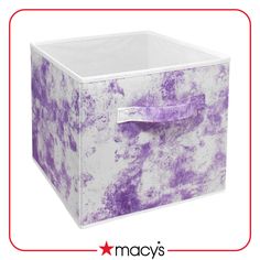 a purple and white storage box with handles