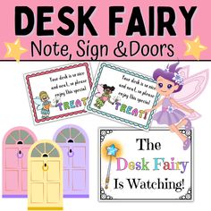 the desk fairy sign and door is shown