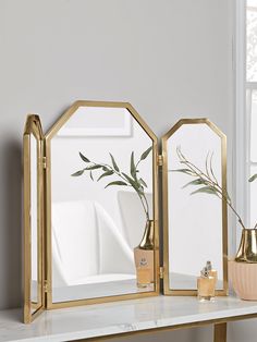 two mirrors sitting on top of a table next to a vase with plants in it