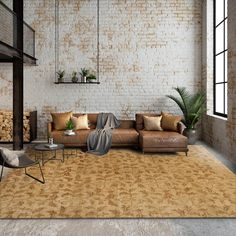 a living room filled with furniture next to a brick wall and floor covered in dirt