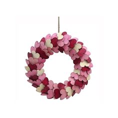 a pink and white wreath with hearts hanging from the front, against a white background