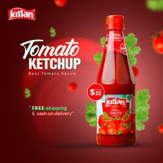 a bottle of tomato ketchup on a red background