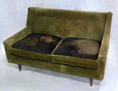 a green couch with two pillows sitting on it's back legs and the seat is covered in fur